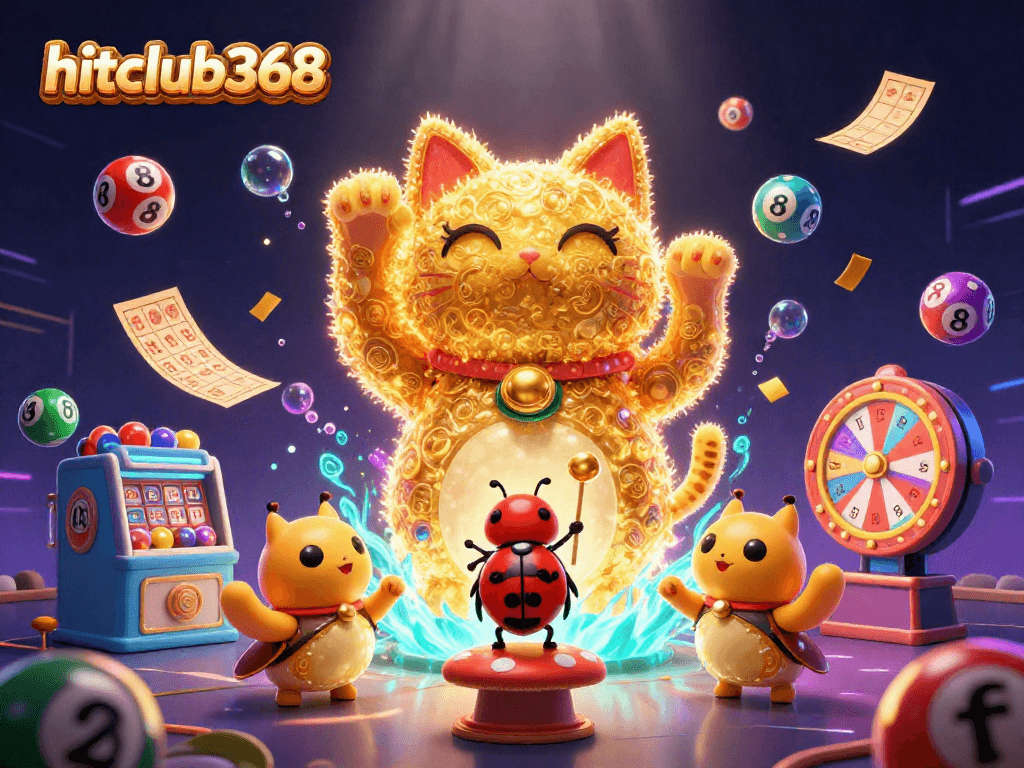 Hitclub368 offers a vibrant scene showcasing a lucky cat made of golden fireflies amid dynamic lottery balls and casino elements.