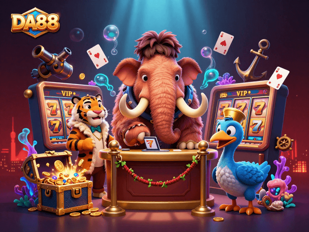 Experience DA88 with vibrant slot reels and dynamic casino characters in an exquisite 3D scene.