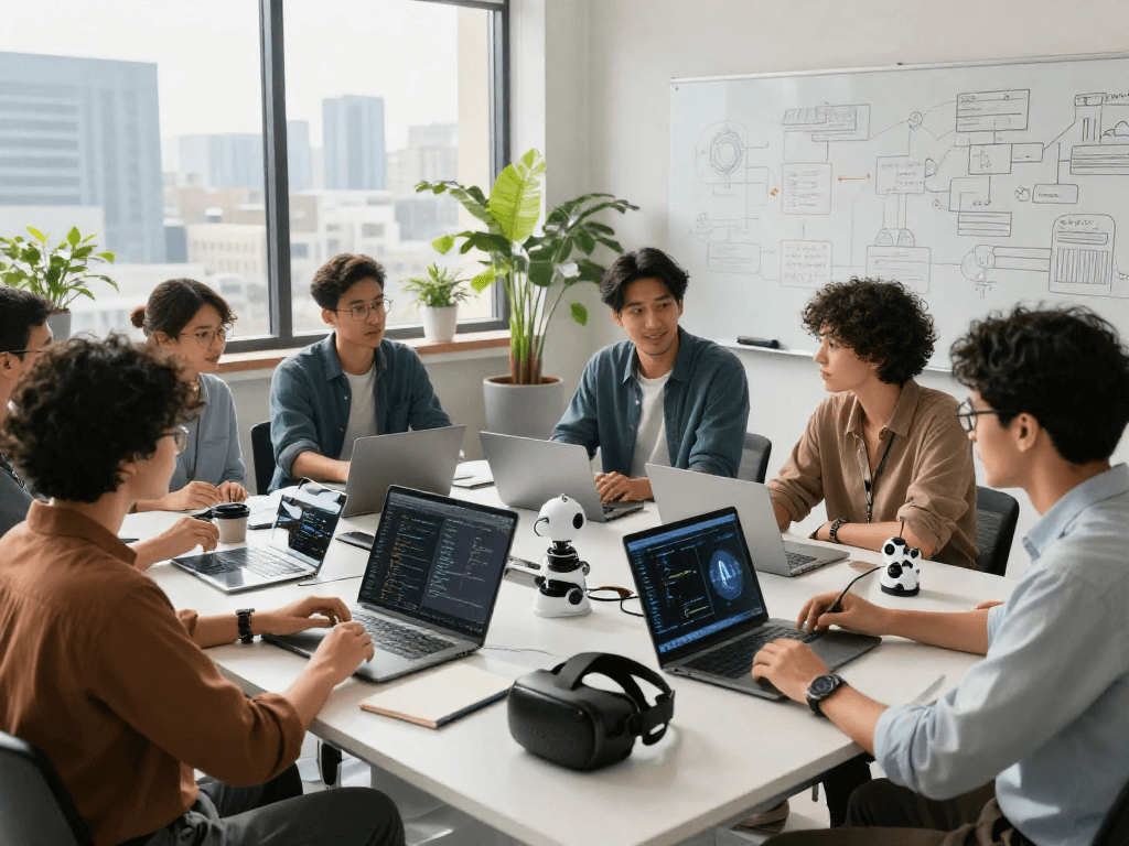 Collaborative team in AI lab brainstorming innovative 18+ ai technology ideas.