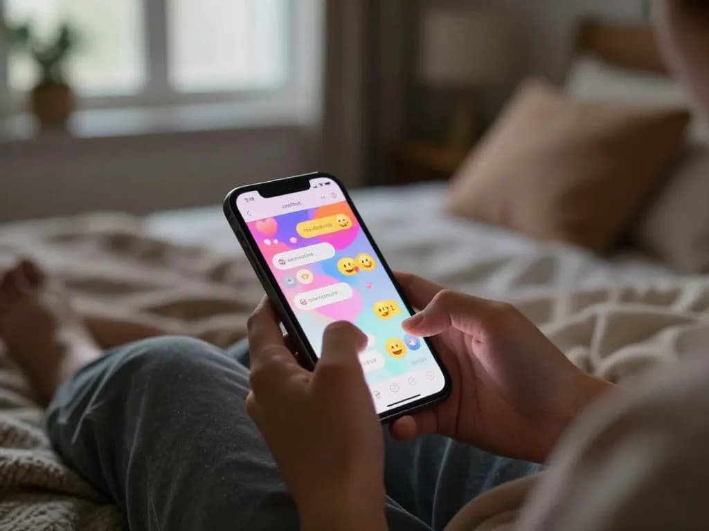 Engaging sexchat scene with lively chat interface on smartphone, cozy bedroom atmosphere.