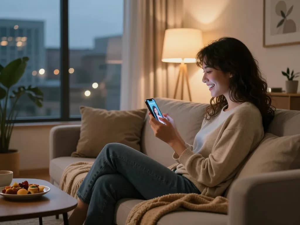 Engaging chat with AI girlfriend in cozy living room setting, showcasing warm ambiance.