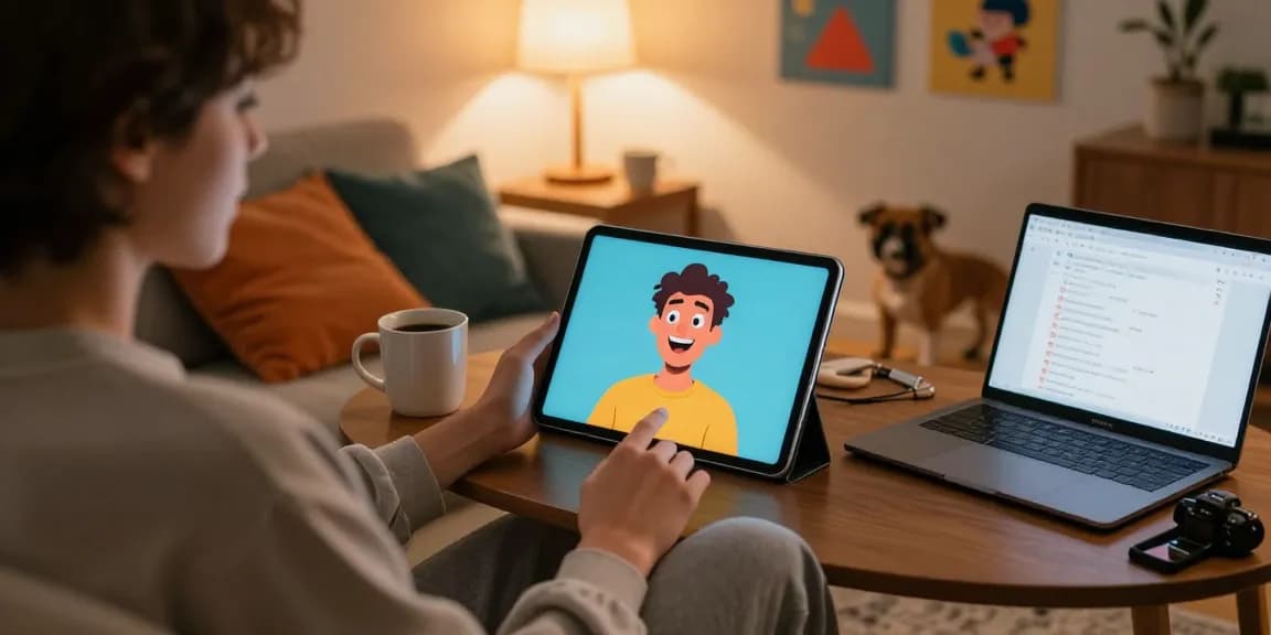 Engaging character AI NSFW interaction in a cozy home setting with a user on tablet and vibrant character display.