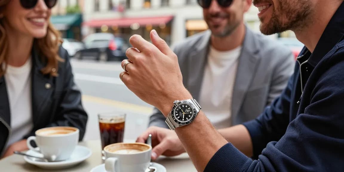 Stylish individual showcasing rolex super clone watches in vibrant urban café environment.
