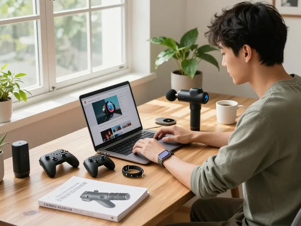 Explore unique tech gadgets like Bluetooth controllers and smart devices in a modern home office.