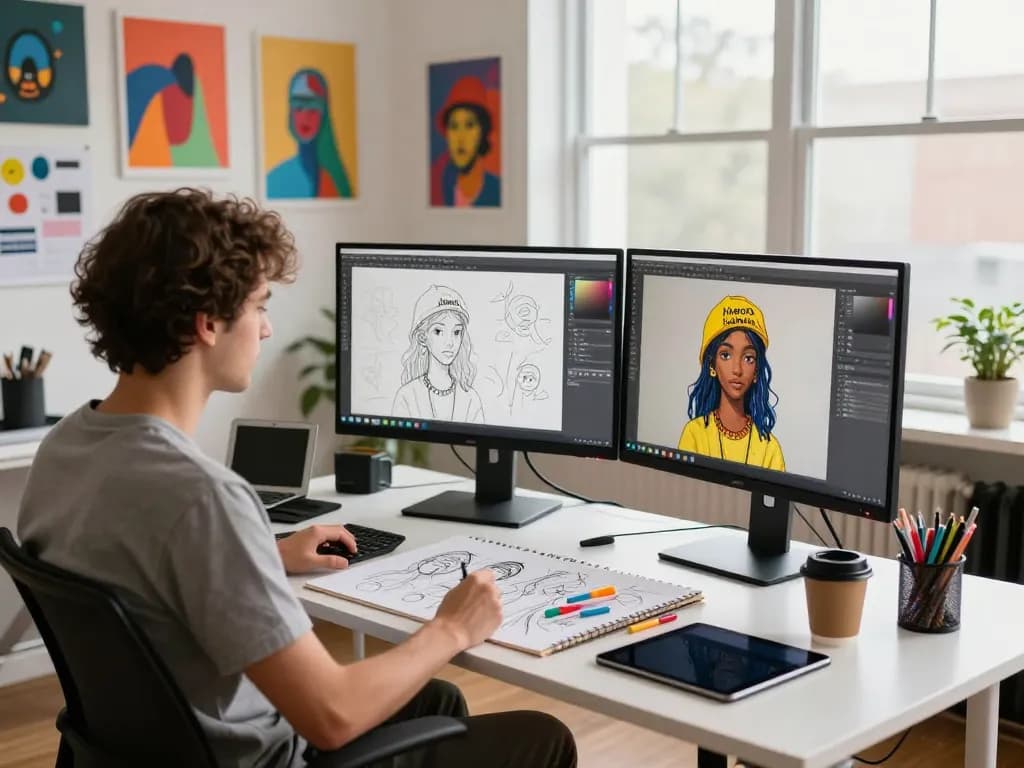 Creating stunning visuals with Nano Banana AI image editor in a bright digital art studio.