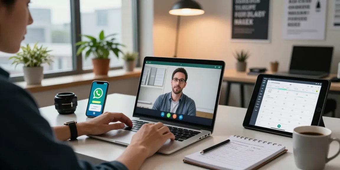Using WhatsApp電腦版 for video calls in a modern office setup with a laptop and smartphone.