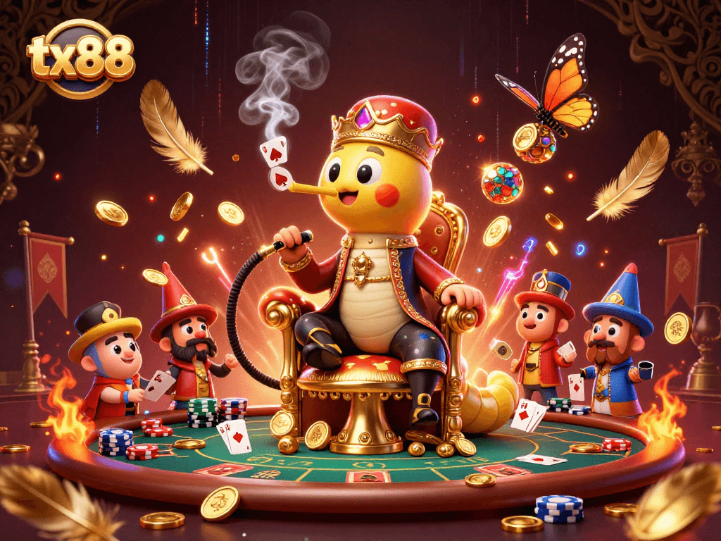 Join the tx88 adventure with a vibrant poker scene featuring a surreal caterpillar and exciting game elements.