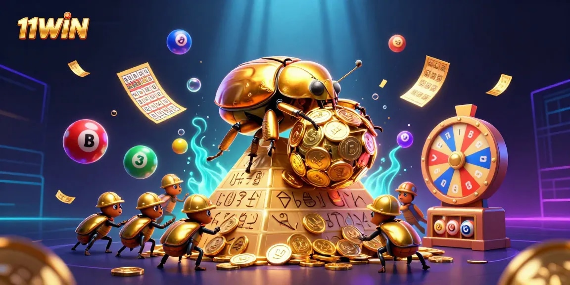 Experience the excitement of winning with 11WIN's vibrant 3D illustration of casino fun and games.