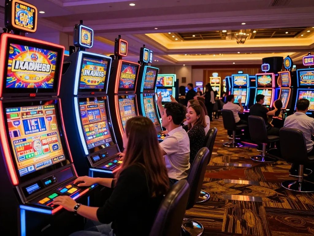 Engaging players enjoying the thrill of slot machines in a vibrant casino environment, highlighting windd