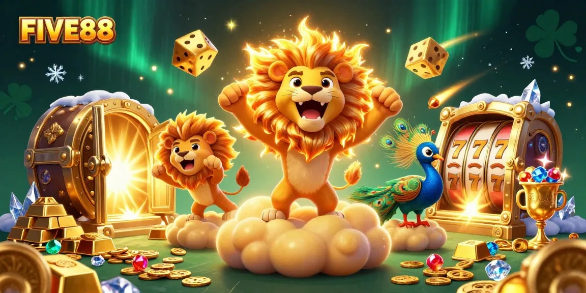 Experience the thrill of winning at FIVE88 with a vibrant 3D casino illustration.