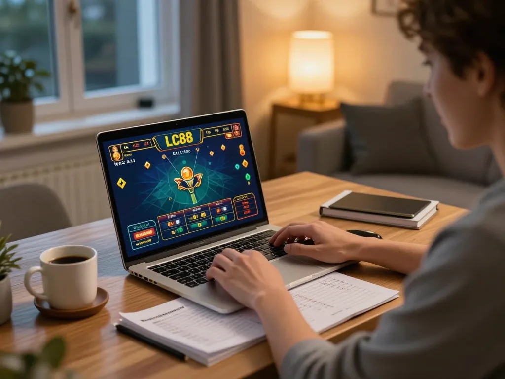 Player enjoying an LC88 casino game online at home, showcasing interactive gaming experience.