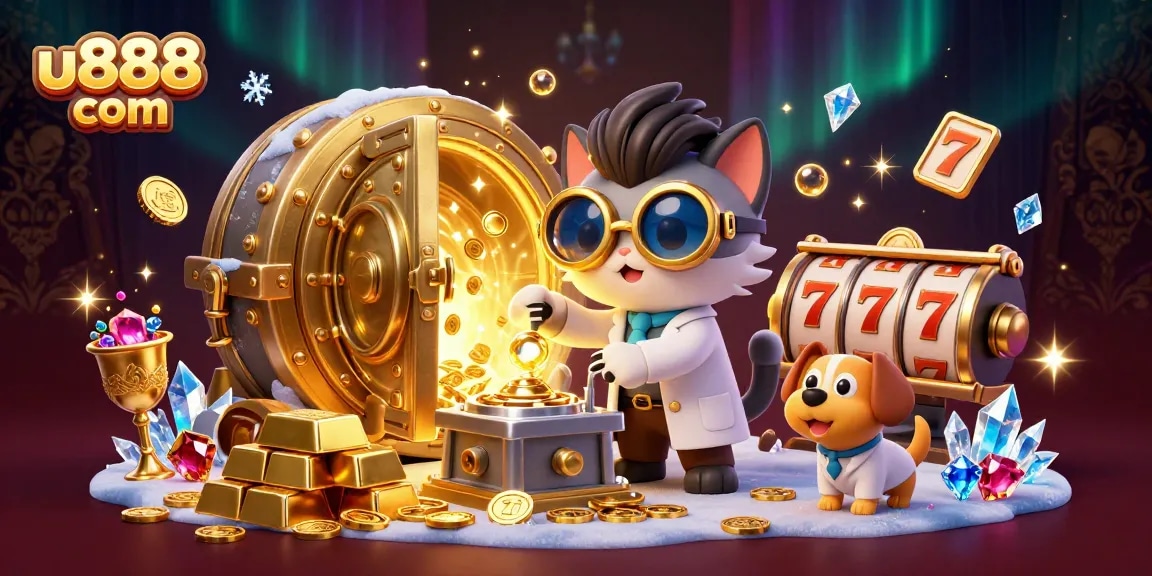 Experience endless fun with u888 com's vibrant 3D casino adventure showcasing gold and gems bursting from a vault.