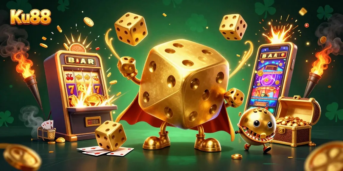 Experience Ku88's thrilling jackpots with golden dice and slot machines in a dynamic casino scene.