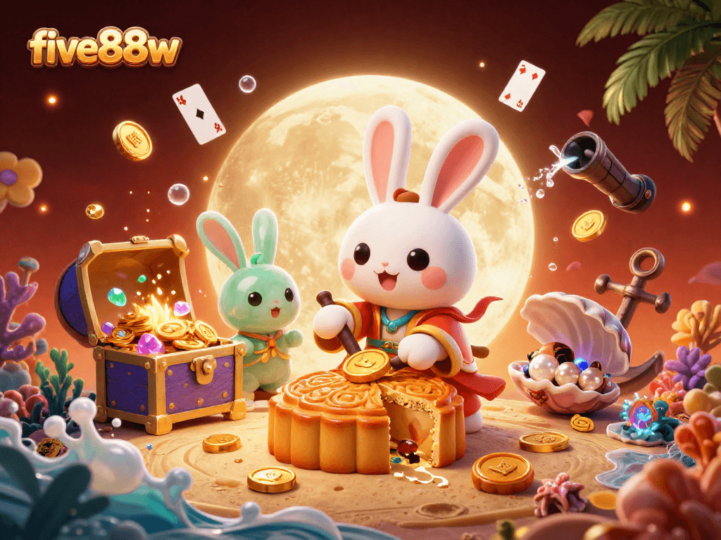Engage with five88w's thrilling moon-themed casino journey, featuring vibrant characters and gambling elements.