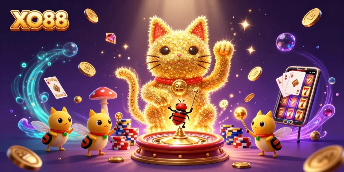 Experience the excitement of XO88 with a vibrant scene filled with casino elements and lucky symbols.