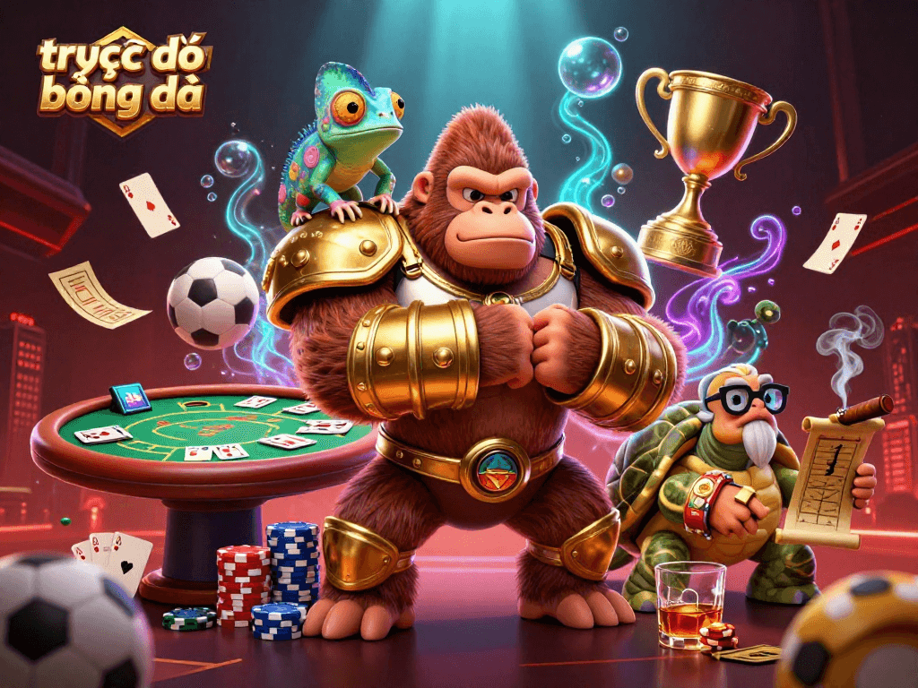 Experience trực tiếp bóng đá with powerful gorilla king and wise tortoise at a vibrant gaming scene.
