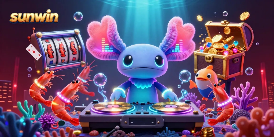 Engage in the thrill of sunwin slots as a neon axolotl DJ spins tunes surrounded by glittering casino elements.