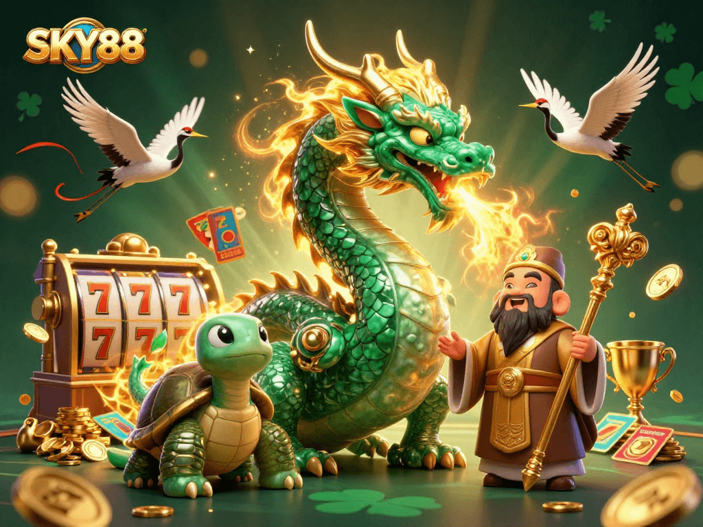 Join the excitement with SKY88: a dynamic casino scene featuring vibrant characters and elements.
