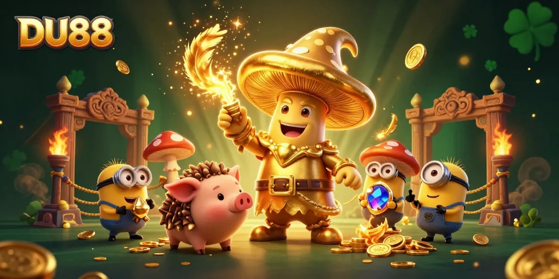 Spin to win with DU88's magical golden mushroom wizard in this vibrant 3D casino scene.