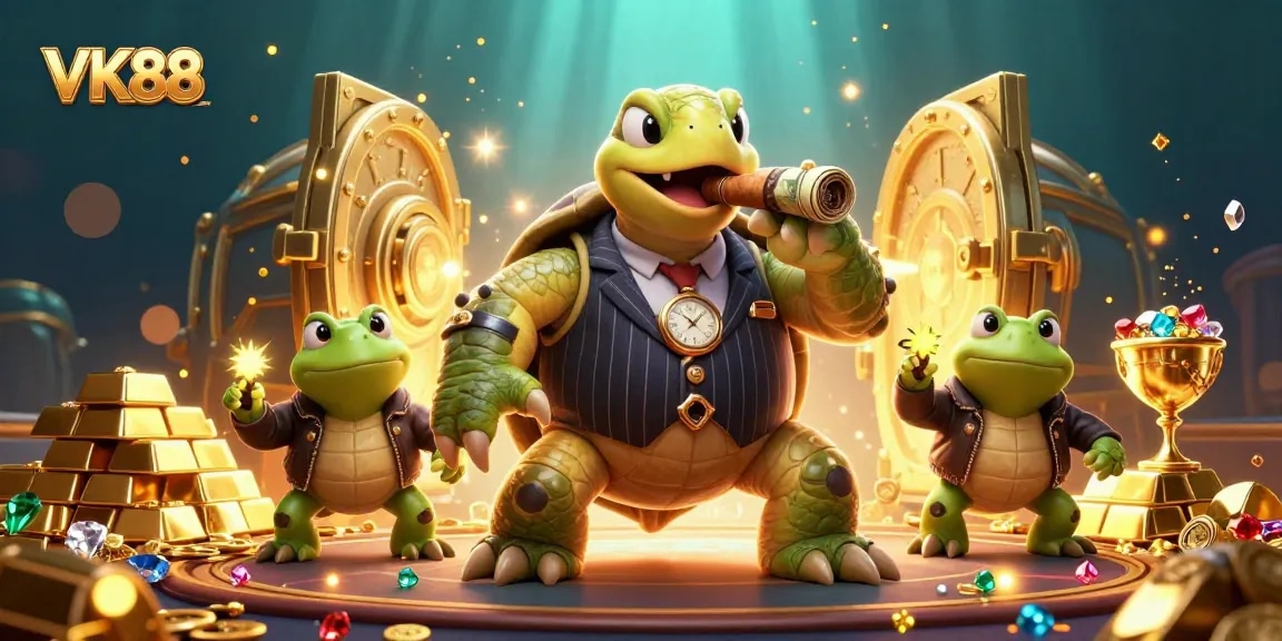 Experience thrilling wins at VK88 with a vibrant 3D casino scene featuring a turtle mobster.