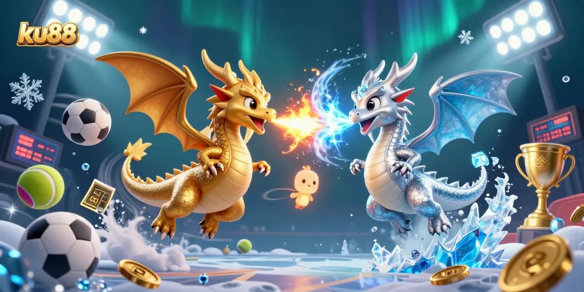 ku88 showcases thrilling sports betting action amidst a dynamic 3D dragon duel.