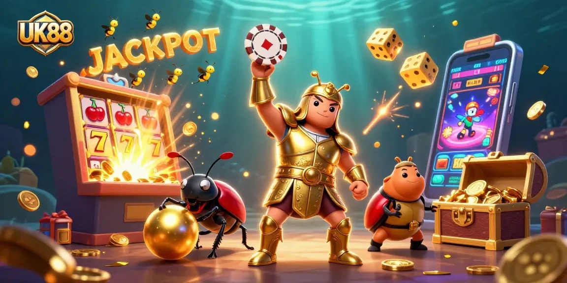 Lift your winnings high with UK88's animated jackpot scene filled with excitement and rewards.