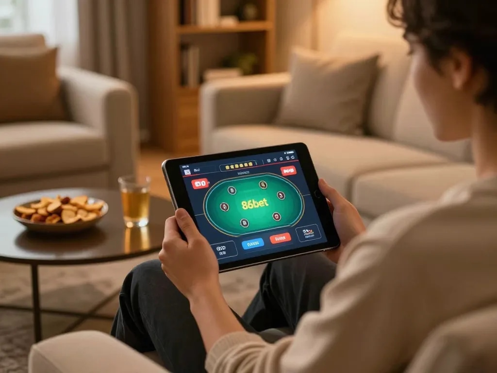Enjoying an online poker game with 86bet on a cozy sofa setup at home