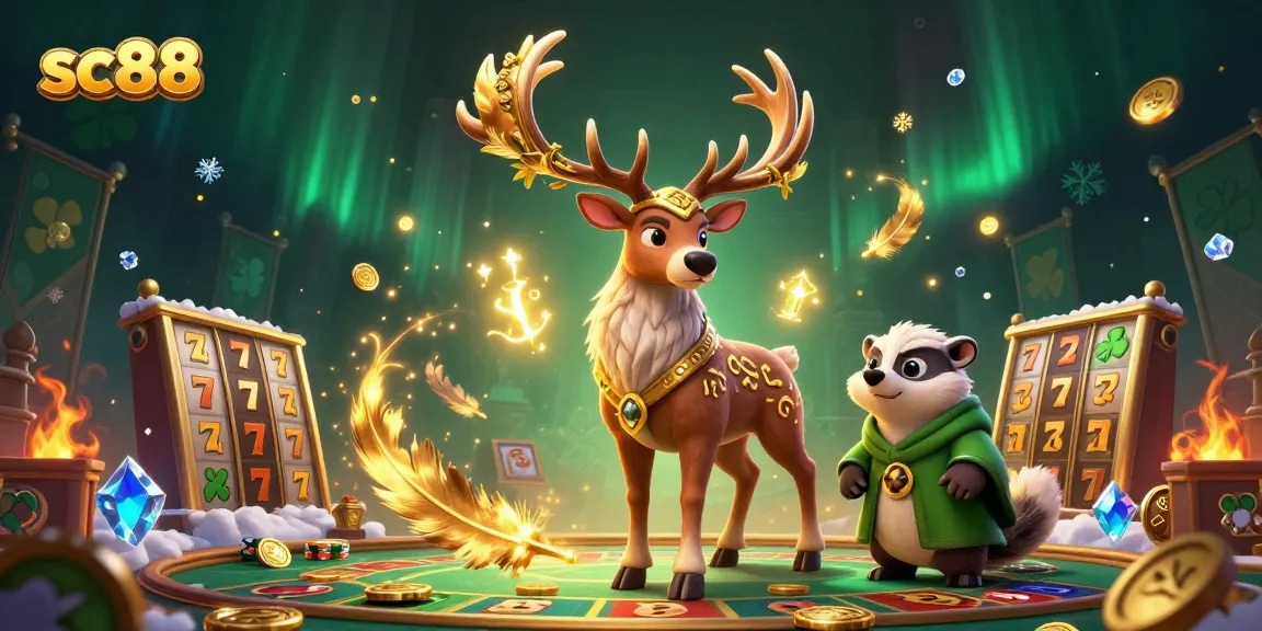 Experience thrilling action with sc88 featuring a druid stag and badger amidst vibrant slot elements.