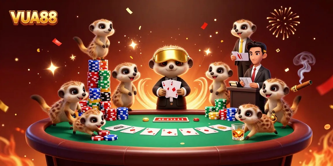 VUA88 meerkats running a vibrant casino operation, showcasing poker action and excitement!