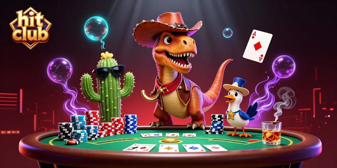 Hit club showcases a thrilling poker scene with a cartoon dinosaur and friends.