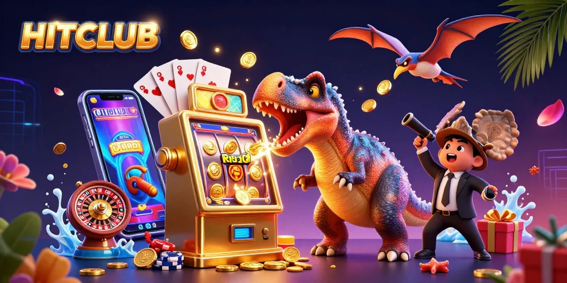 HITCLUB engages players with a dynamic illustration of a dinosaur-themed casino jackpot experience.