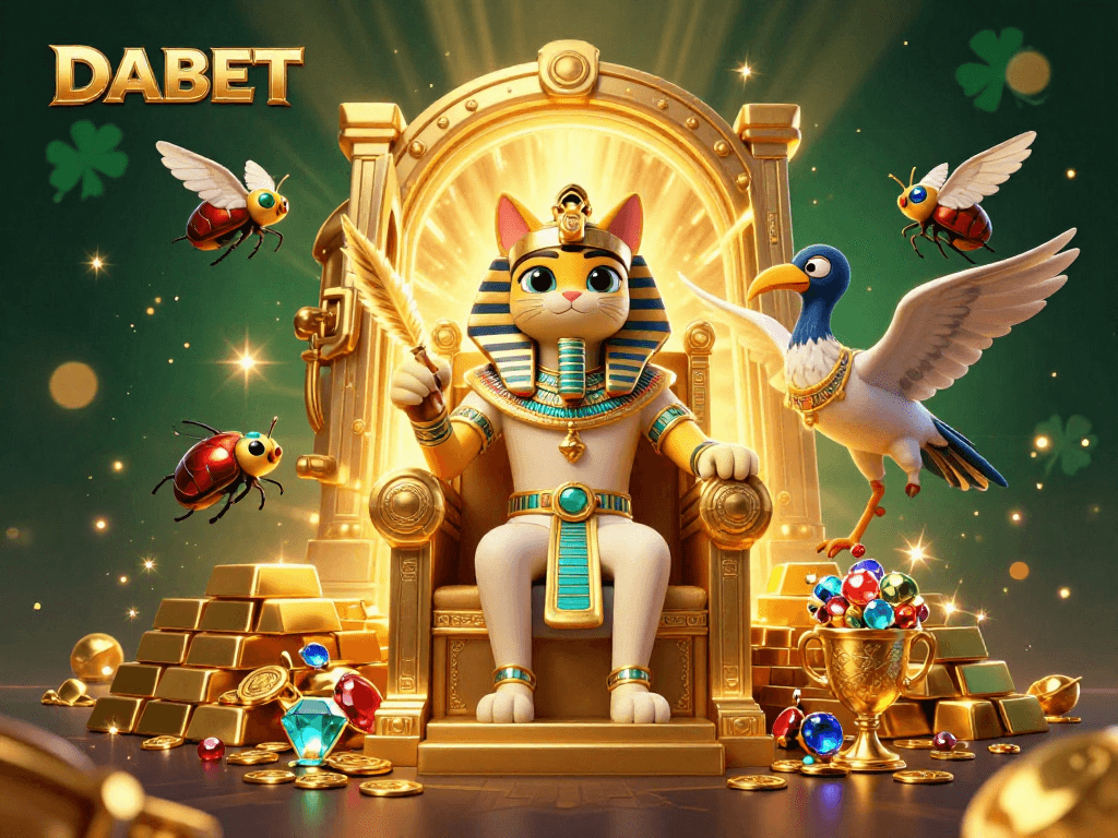 DABET presents a vibrant scene featuring golden treasures and Egypt's royal symbols. Bet now to experience excitement!