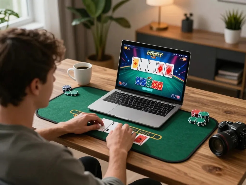 Player engaging in a thrilling mm888 blackjack game online, vibrant cards displayed on the screen, warm home office ambiance.