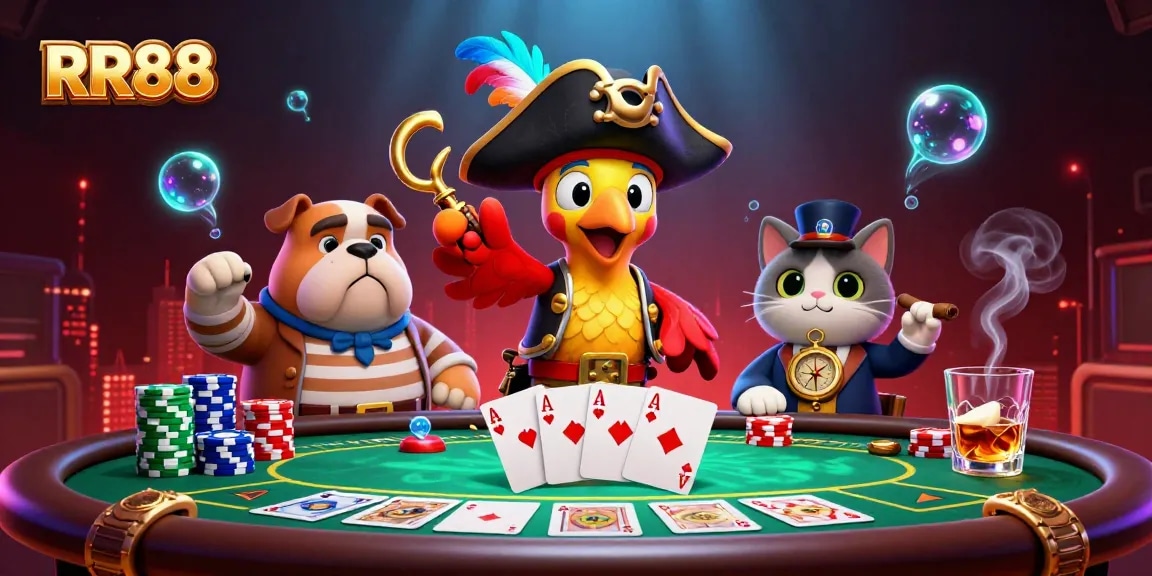 Engage in RR88's vibrant gaming scene featuring a pirate captain and a bulldog at a poker table.