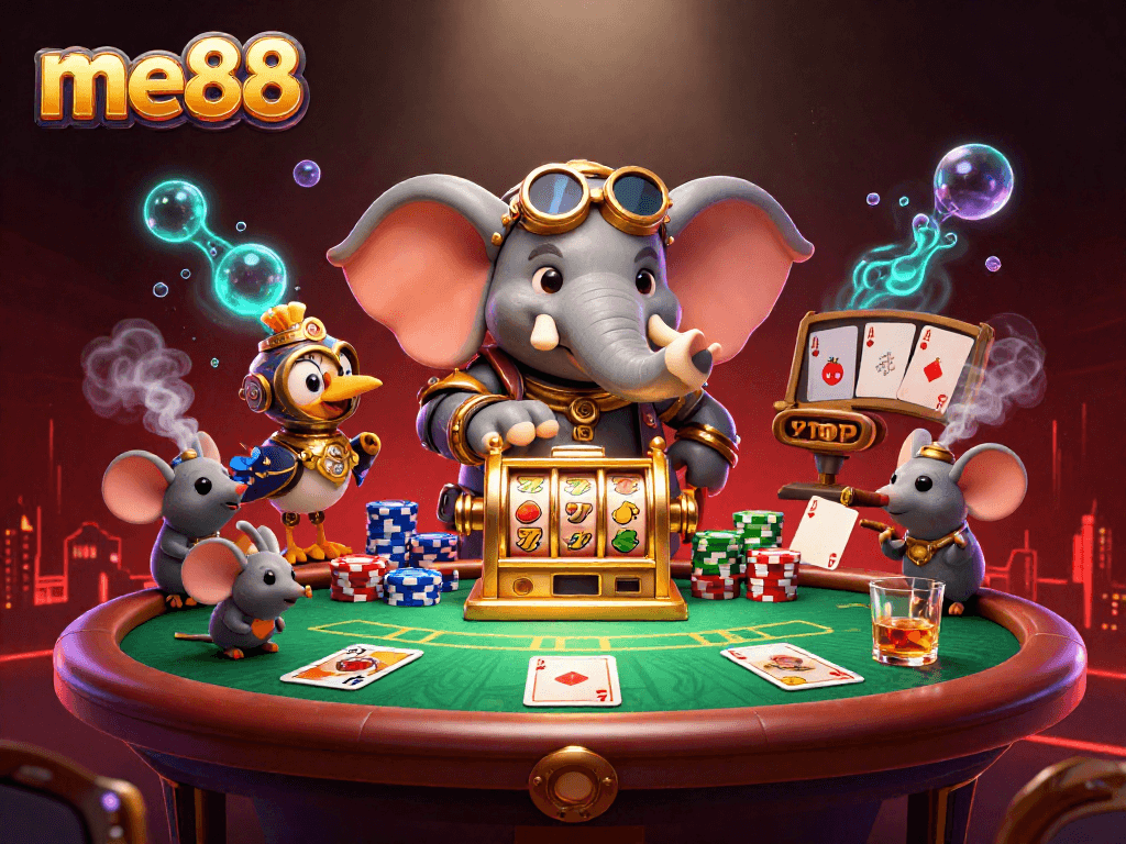 Engage with thrilling me88 gaming action, featuring a steampunk elephant at a vibrant slot machine with poker elements.