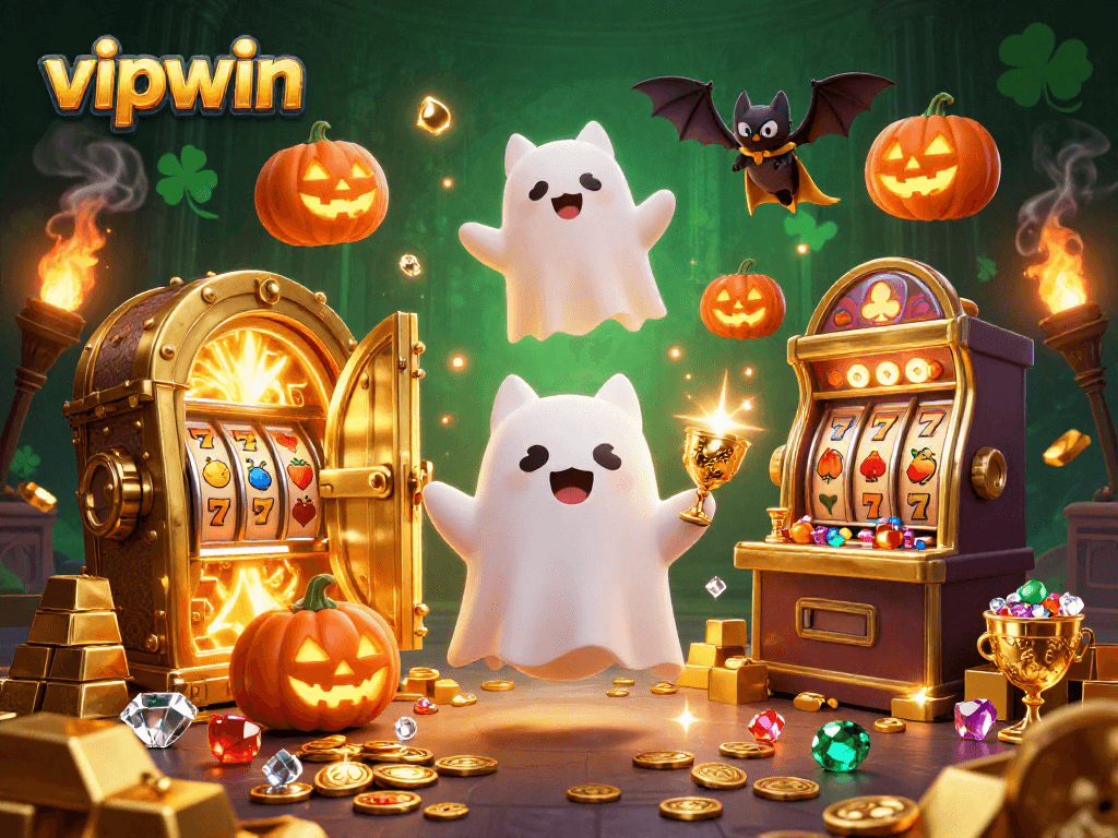 Join the adventure at vipwin with a ghost cat and vampire bat in a vibrant casino scene.