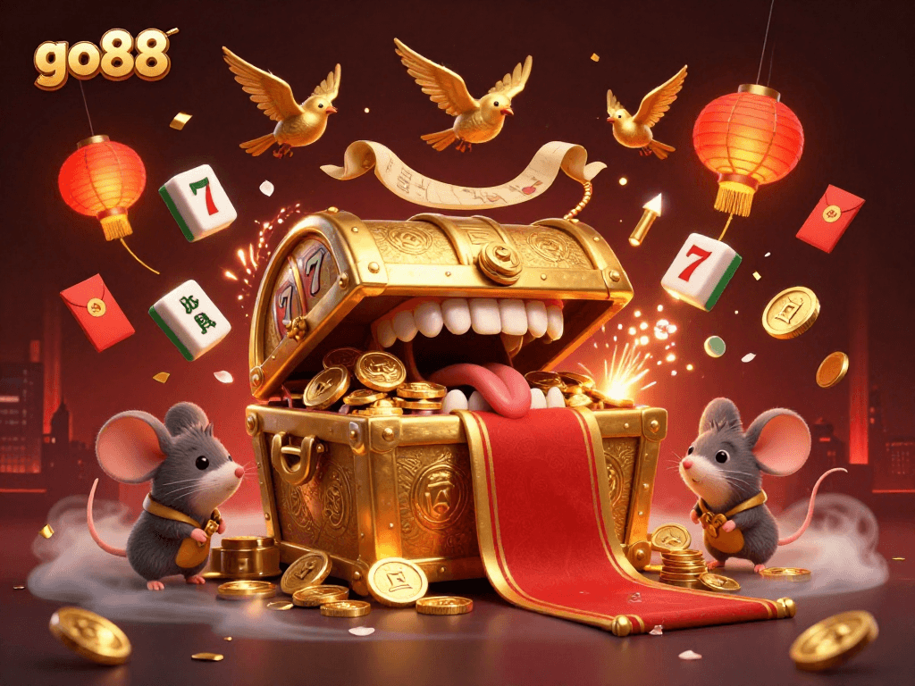 Engage with go88's vibrant treasure chest scene attracting adventurer mice, showcasing thrilling casino elements.