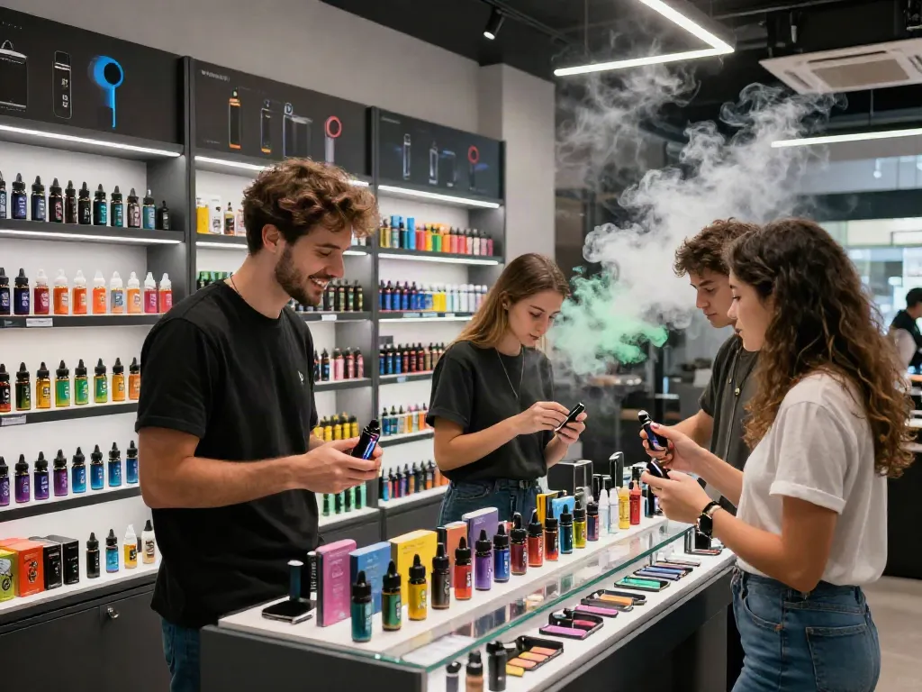 Inviting vape shop scene demonstrating what is the difference between nic salts and freebase with customers engaging with staff and products.