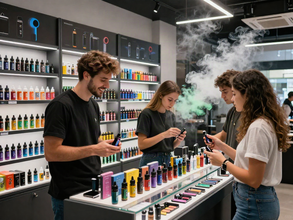 Inviting vape shop scene demonstrating what is the difference between nic salts and freebase with customers engaging with staff and products.