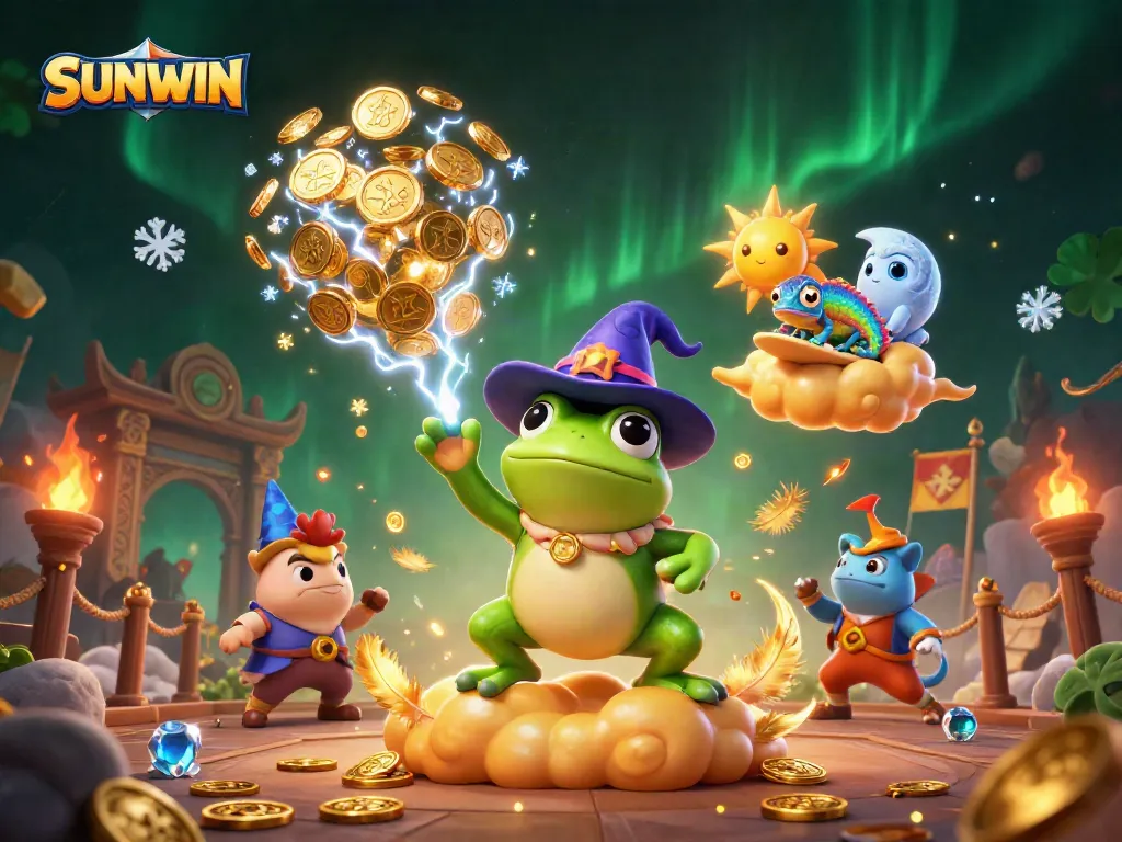 Engage with SUNWIN's magical world of casino games featuring a vibrant storm of coins and playful characters.
