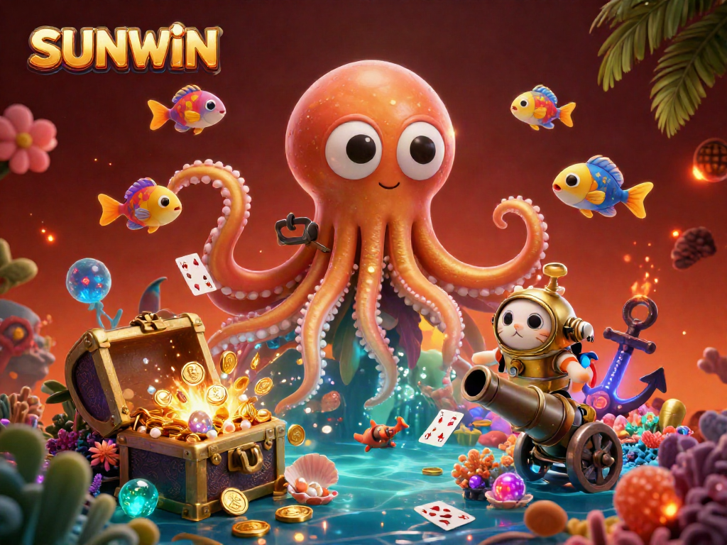 SUNWIN's exciting gaming adventure with a playful kraken and diving cat amidst underwater treasures.