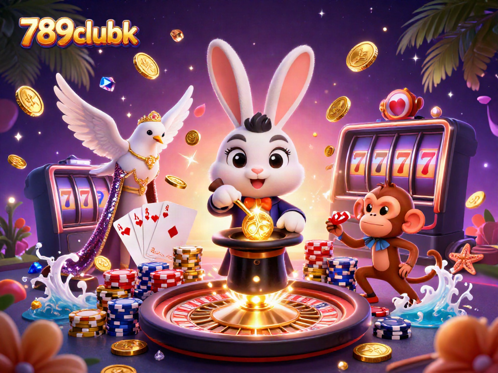 Engage in thrilling games at 789clubk with a lively illustration of a magician rabbit and friends amidst sparkling casino elements.
