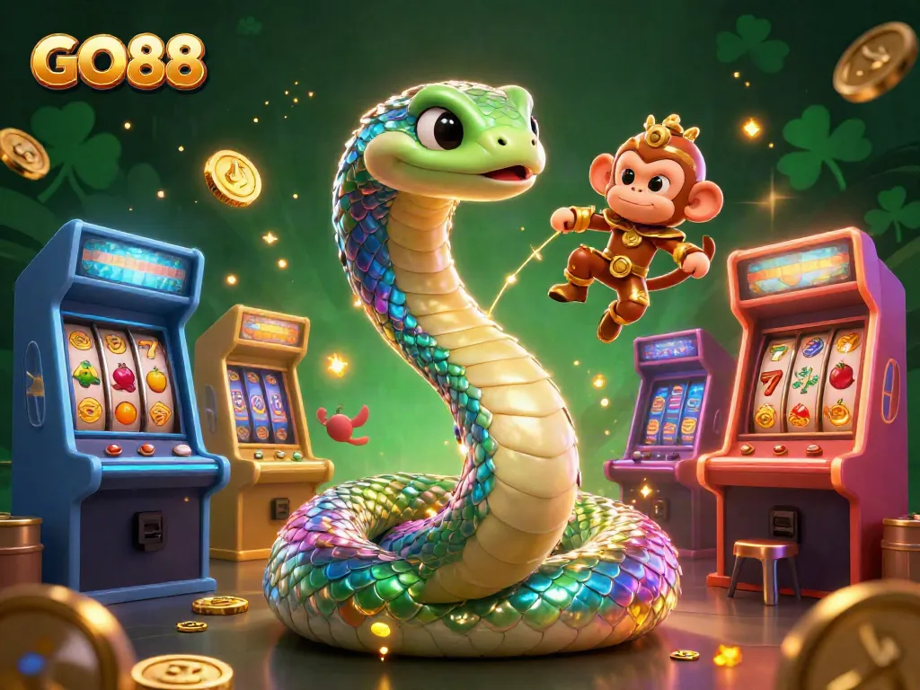 Experience thrilling action with GO88 in this vibrant 3D casino illustration filled with game elements.