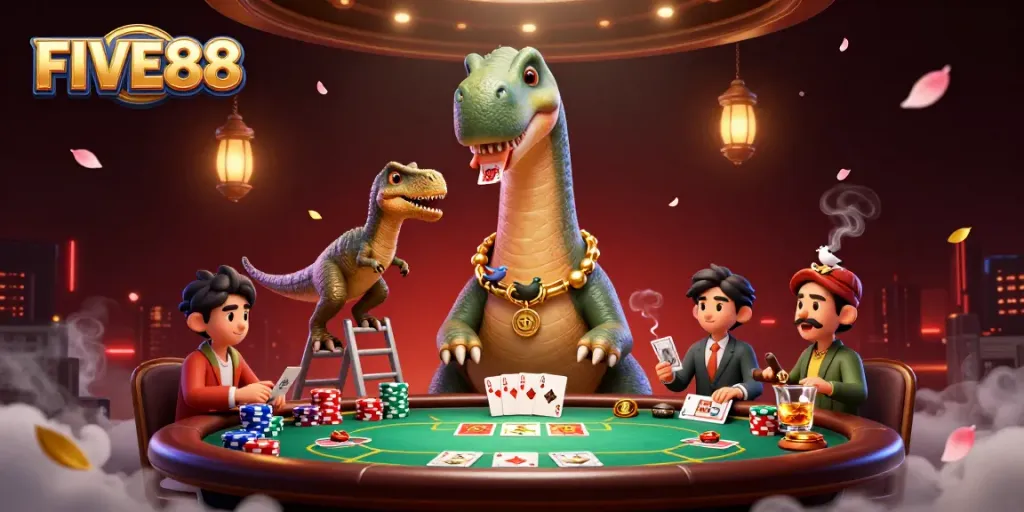 Experience the excitement at FIVE88 with a lively 3D casino scene featuring a unique brontosaurus and raptor characters.