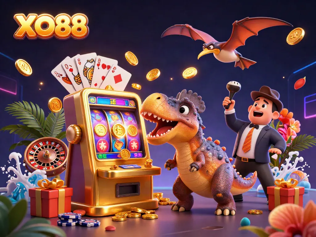 XO88 captures excitement with a pachycephalosaurus hitting a slot machine for jackpot coins, embodying thrilling fun.