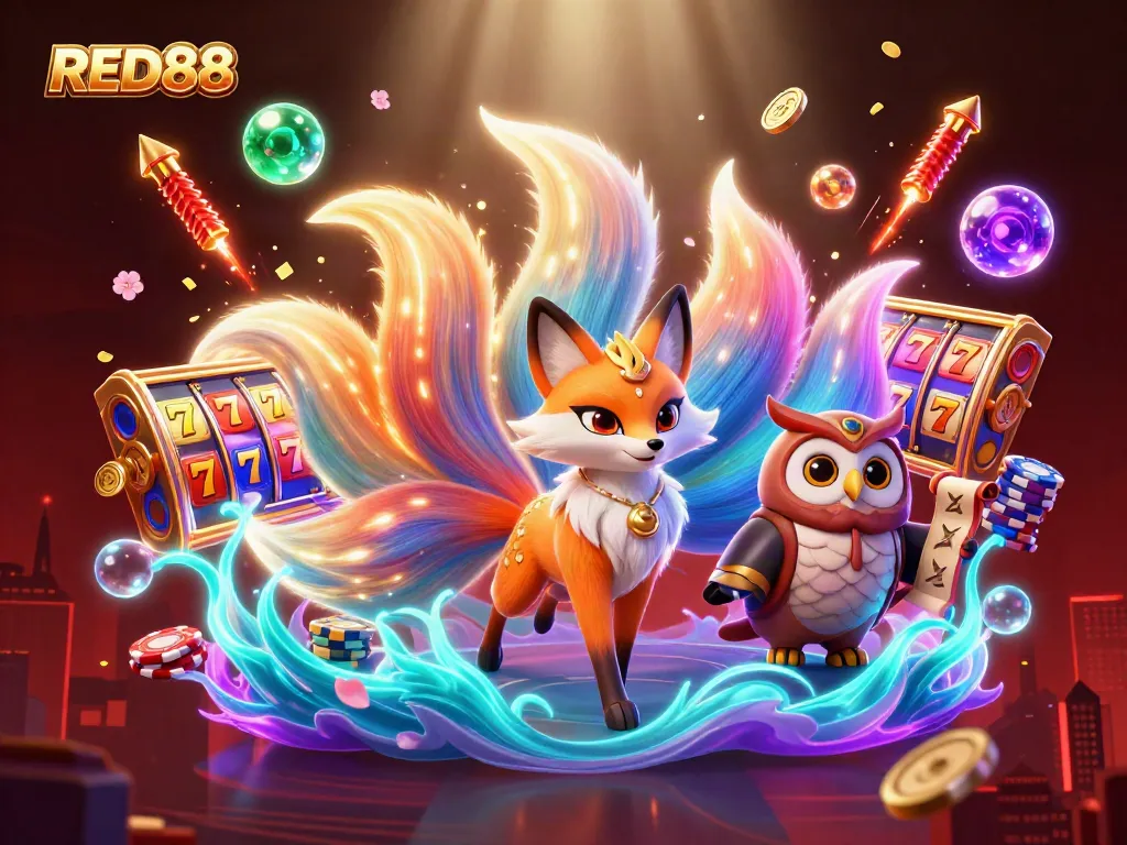 Experience excitement with RED88, illustrated in a rich casino setting with slot reels and thrilling game elements.