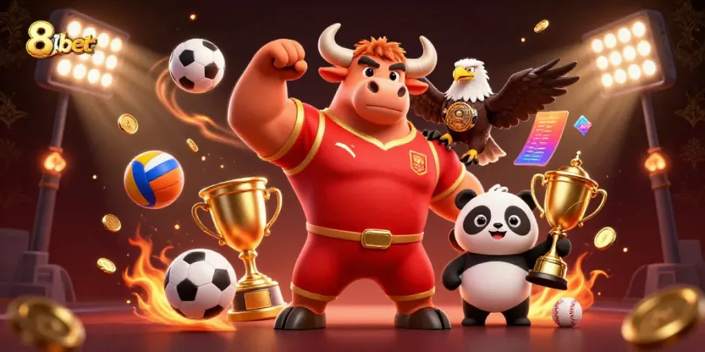 8xbet victory scene with animated characters celebrating sports betting success in a vibrant casino atmosphere.