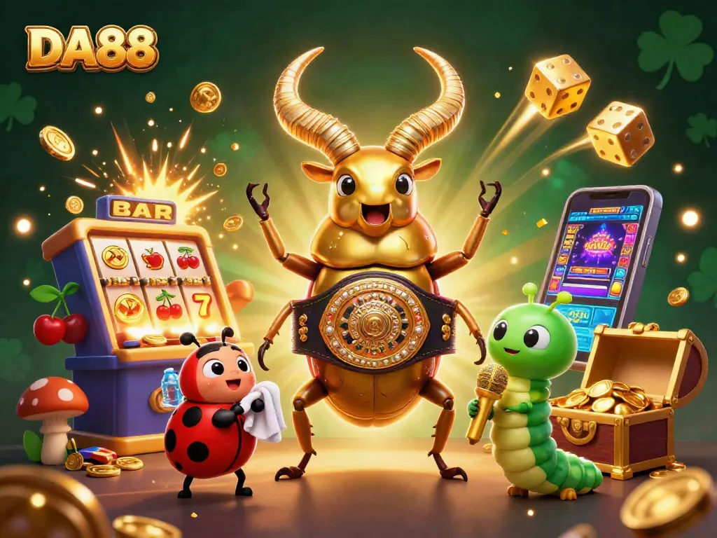 Capture gaming excitement with DA88, featuring vibrant characters in a packed casino scene.