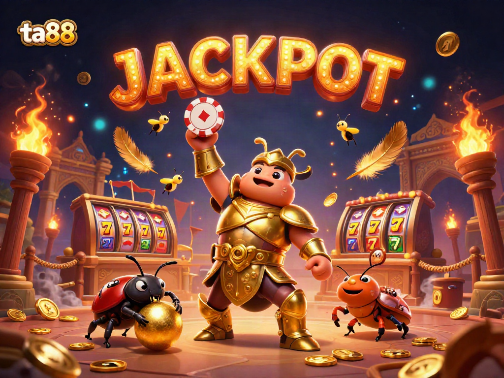 Experience the thrill of ta88 casino games with a victorious beetle lifting a poker chip amidst golden decorations.