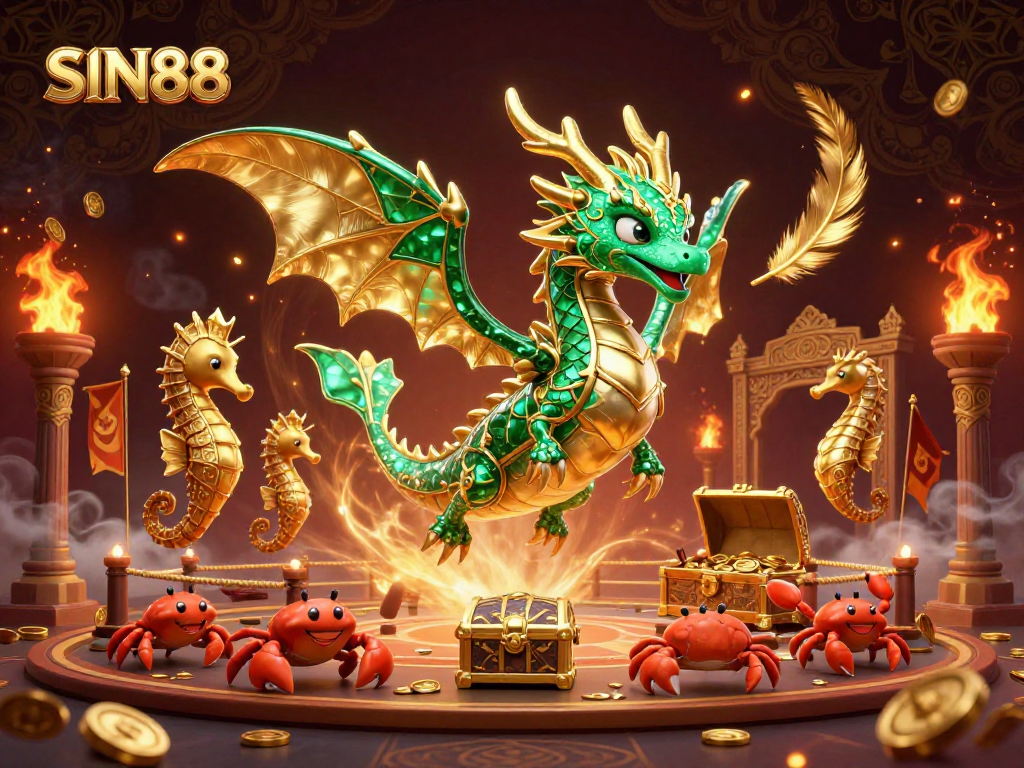SIN88 sea dragon illustration featuring a treasure chest amidst dynamic casino elements